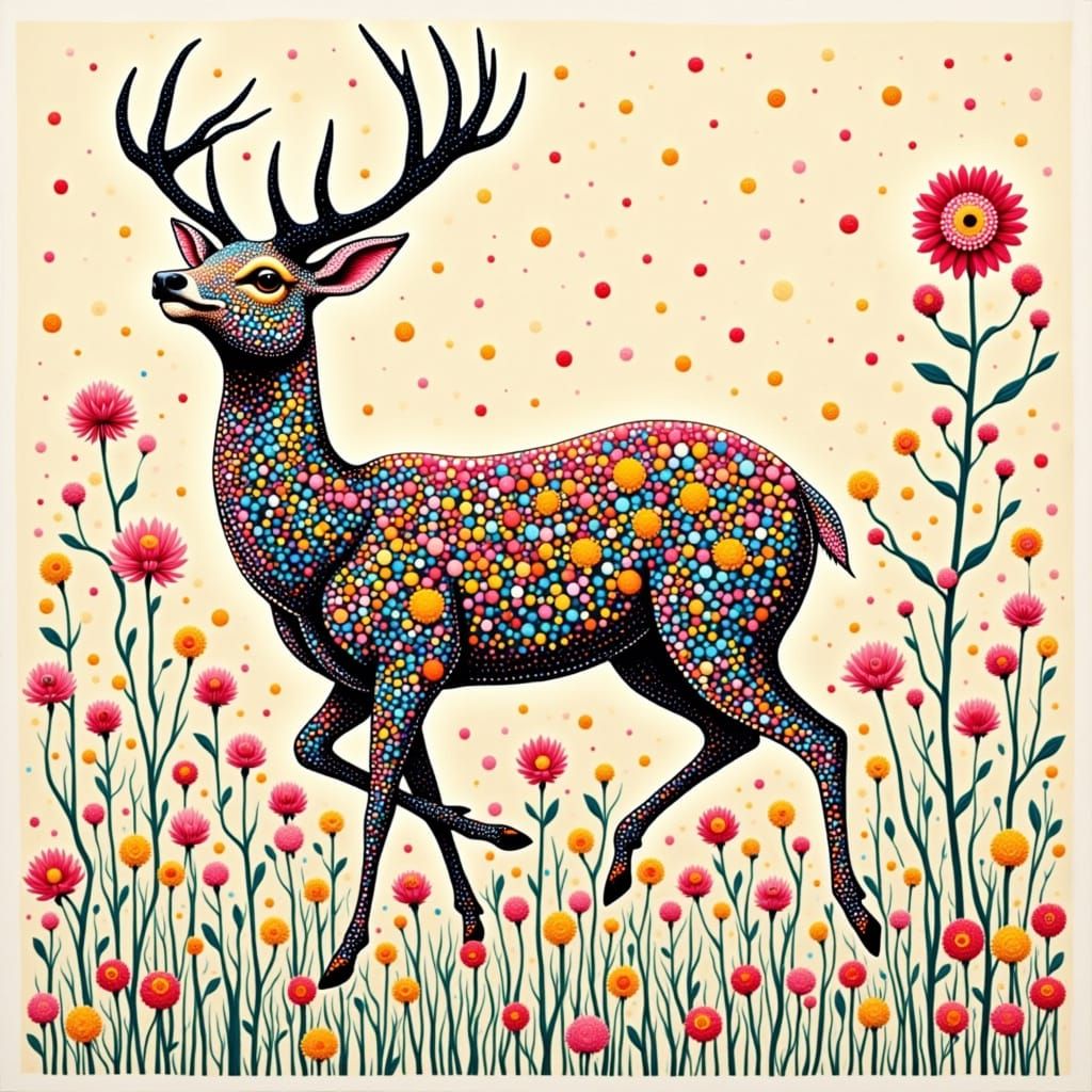 Vibrant Pointillist Running Deer in Whimsical Strawberry Won...