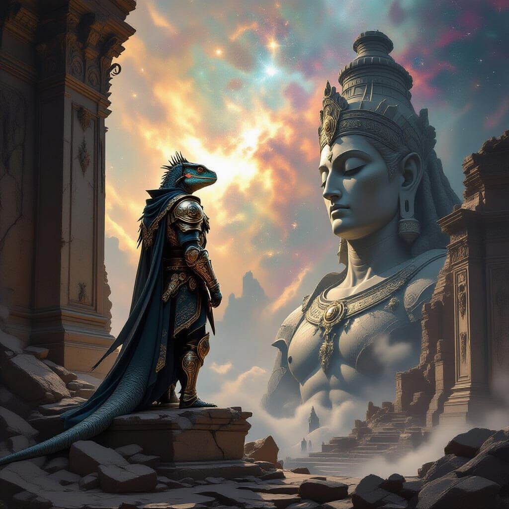 Lizard Warrior in Baroque Nebula Scene