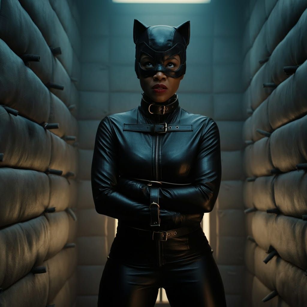 Catwoman in Leather Straitjacket: Cinematic Close-Up