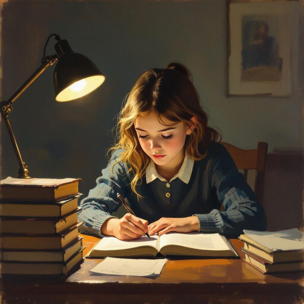 Young Girl Studying Diligently in Warm Light