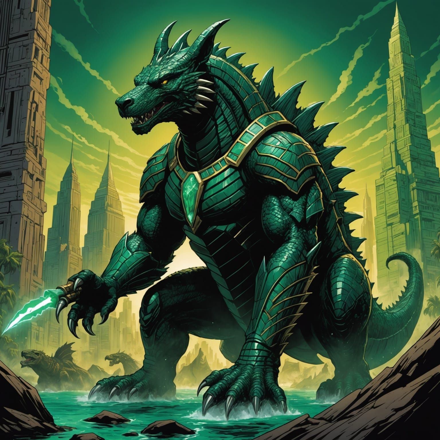 Emerald Anubis Godzilla Dragon in Comic Book Style
