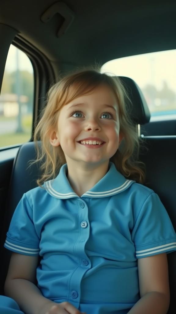 Smiling Girl in Blue Uniform: Cinematic Film Still