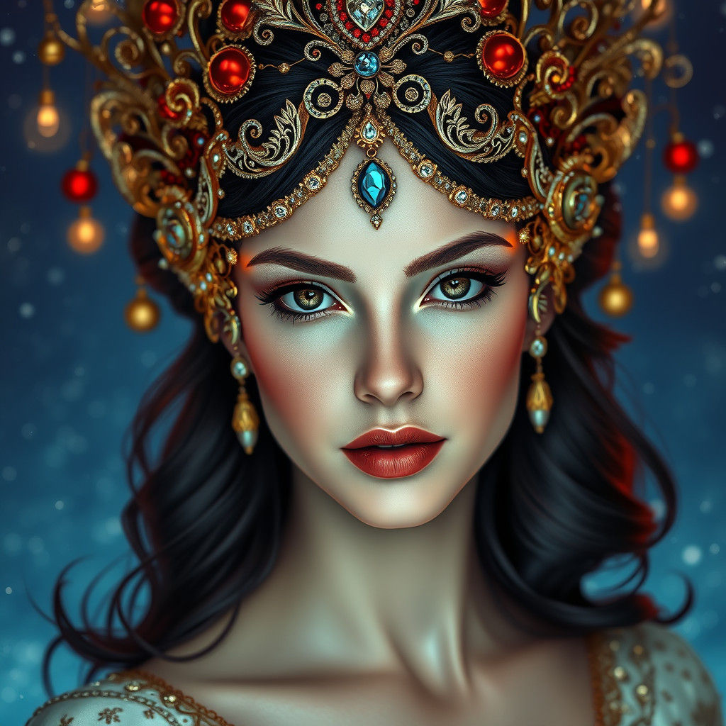 Regal Woman in Christmas Ornament Headpiece