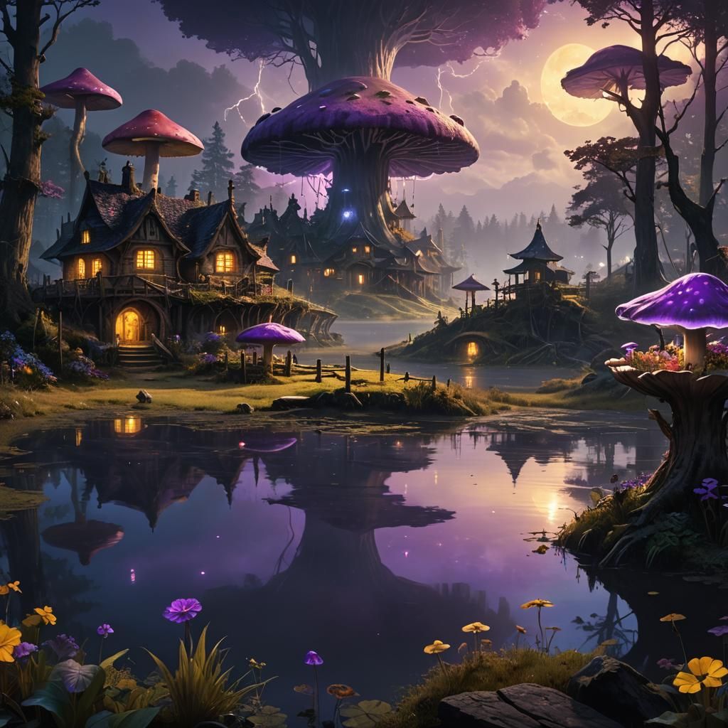 Dark Fantasy Village with Giant Mushroom, Digital Painting