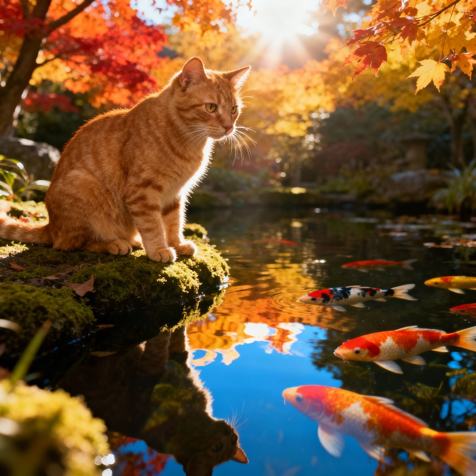 Ginger Cat Watching the Koi