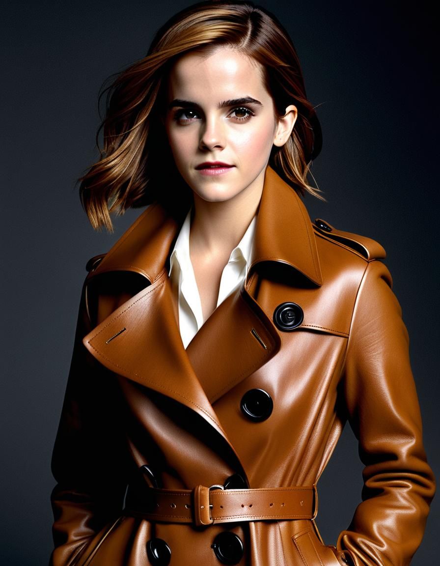 Emma Watson in Leather Trench Coat, Photorealistic