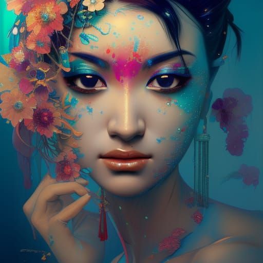 Psychedelic Geisha Portrait in Hyperdetailed Splash Art