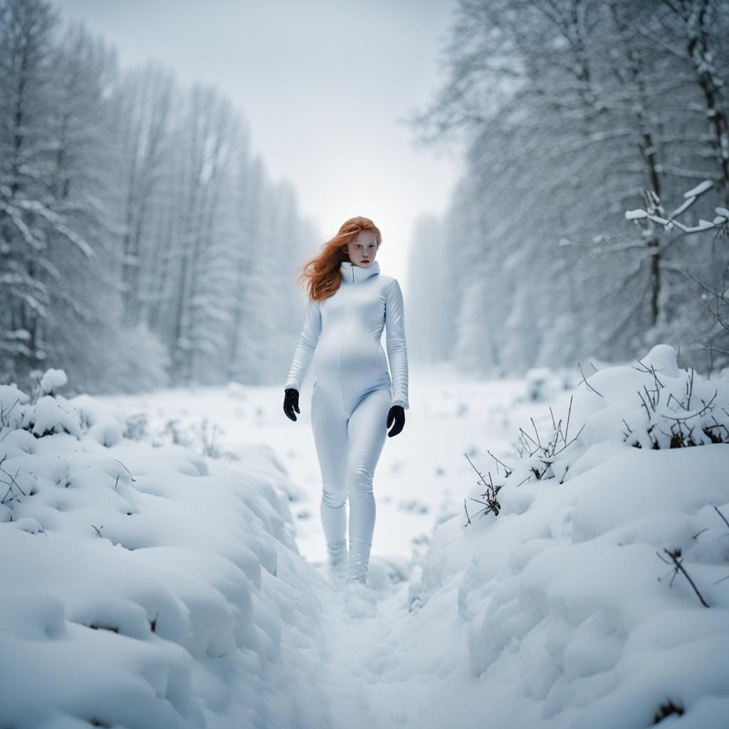 Ginger Haired Woman in Winter Landscape