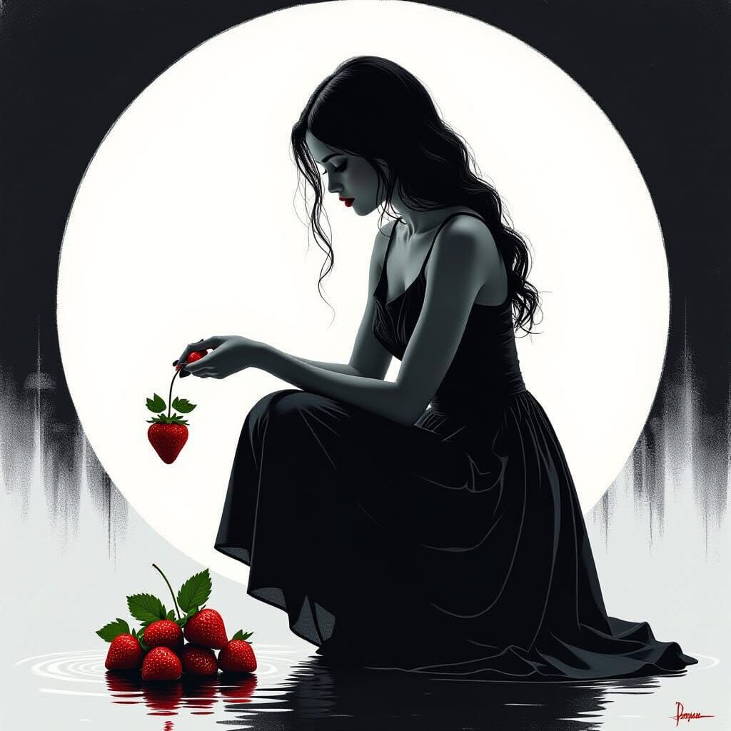 Girl Picking Strawberry in Black Paint Minimalism