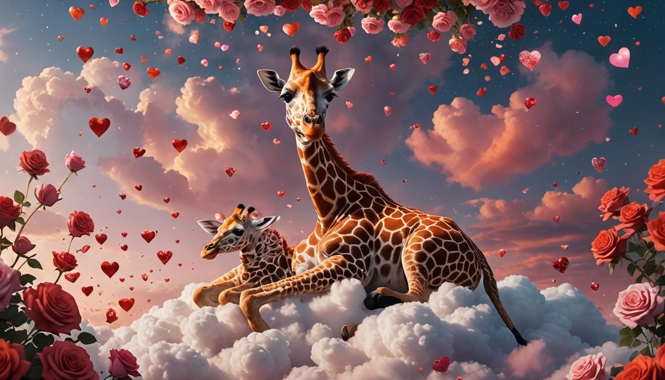 Giraffe on Cloud with Roses, Digital Art