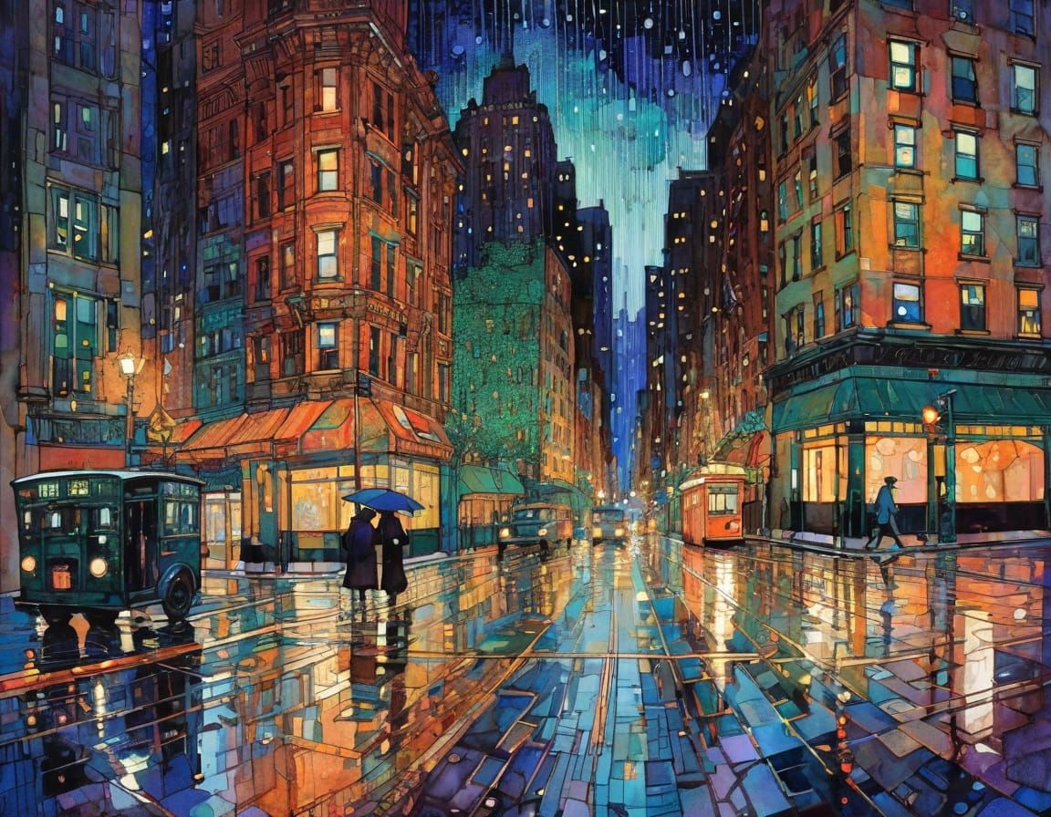 New York City Rainy Streets in Art Nouveau Style