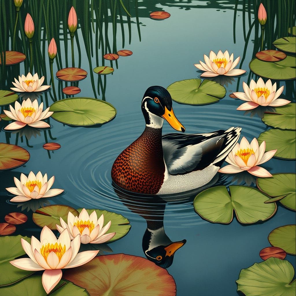 Duck in Pond, Alphonse Mucha Art Nouveau Style