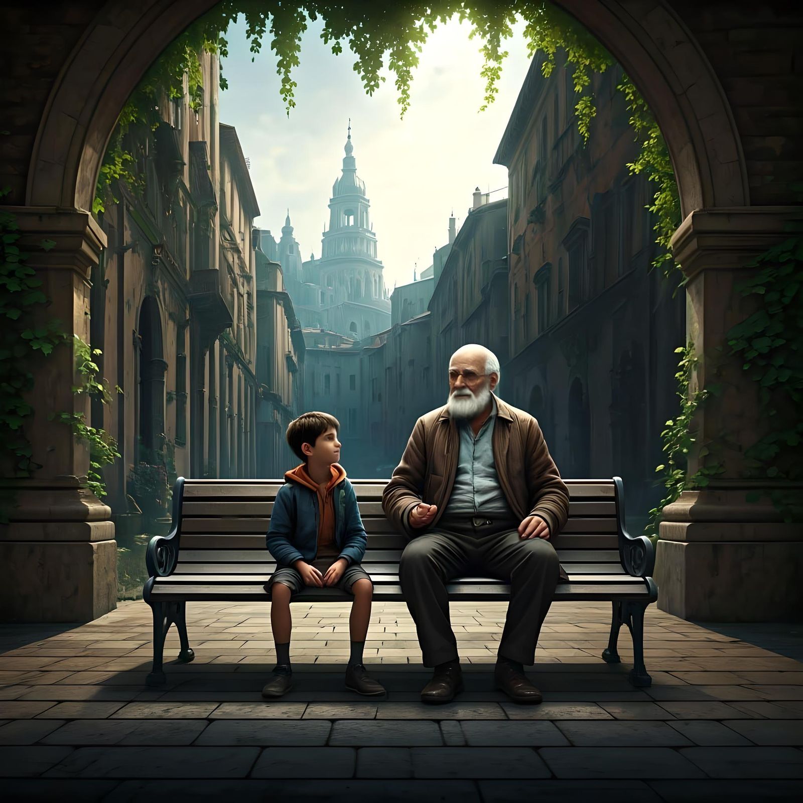 Grandfather's Tale: Boy Listens in Italian Park