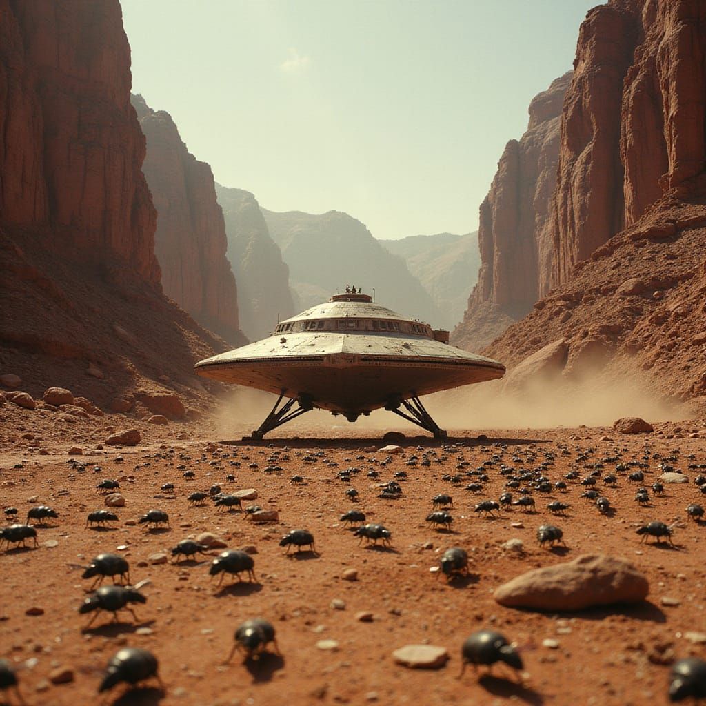 Starship Surrounded by Robotic Ants: Retro-Futuristic Scene