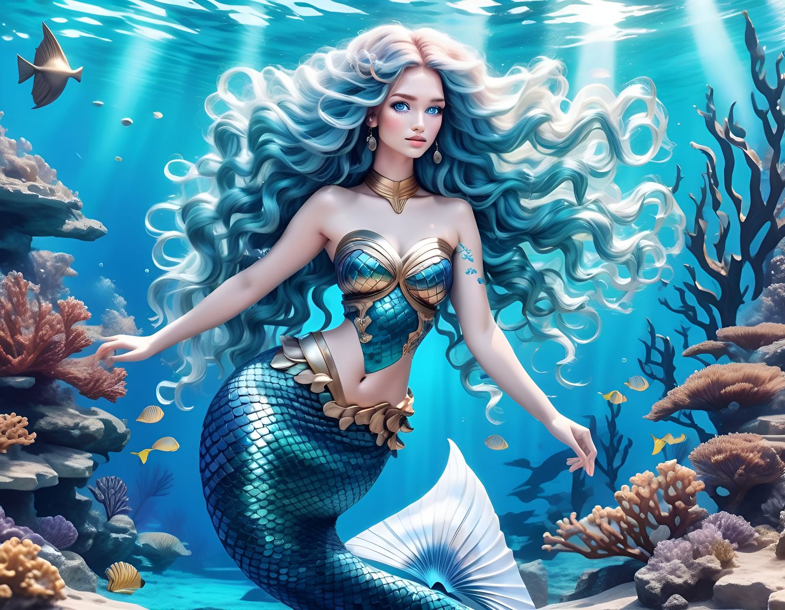 Blue-Haired Mermaid in Ancient Greece Style