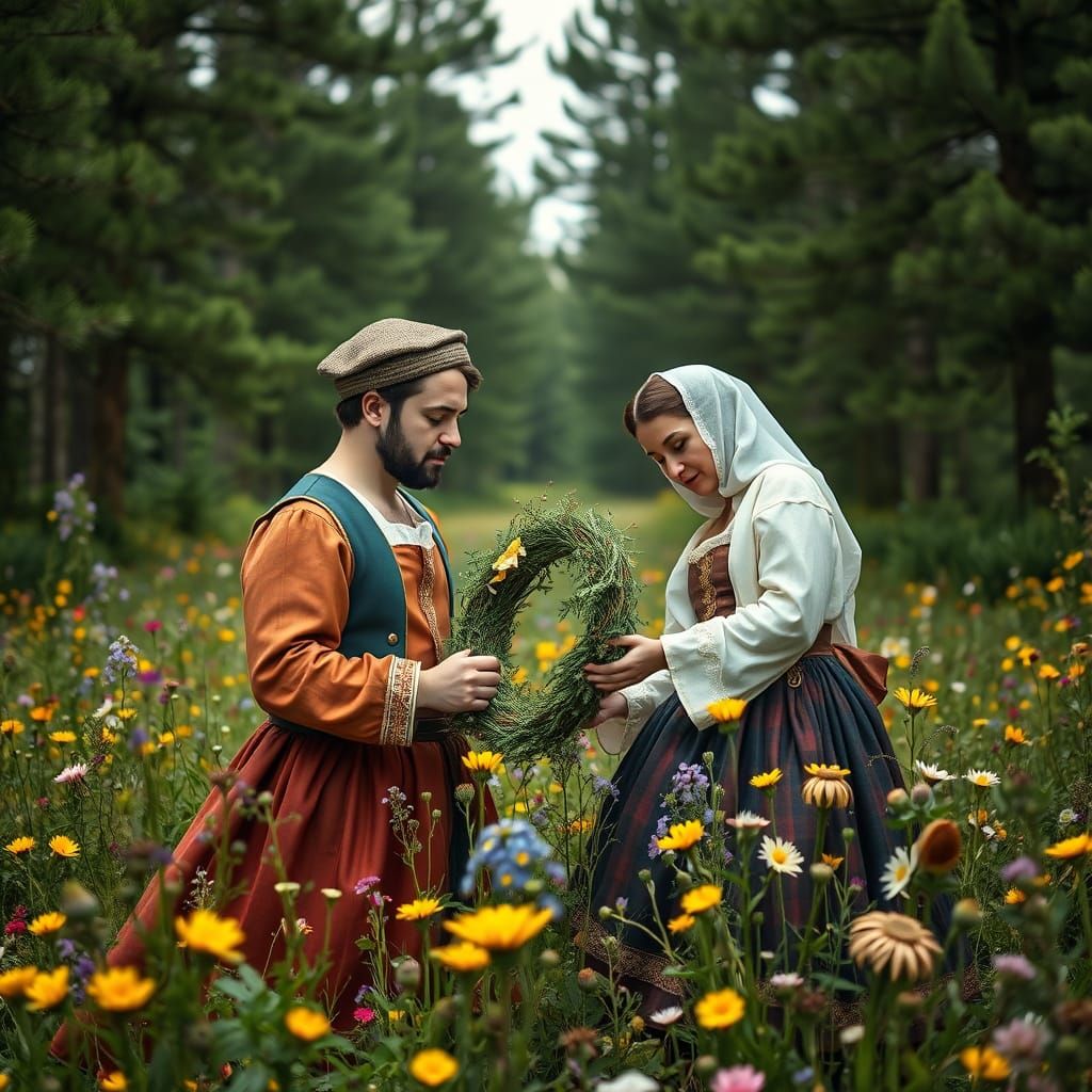 Idyllic Renaissance Meadow Scene in the Style of da Vinci