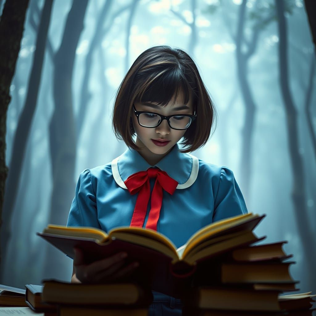 Girl Reading in Bioluminescent Forest: Cinematic Still