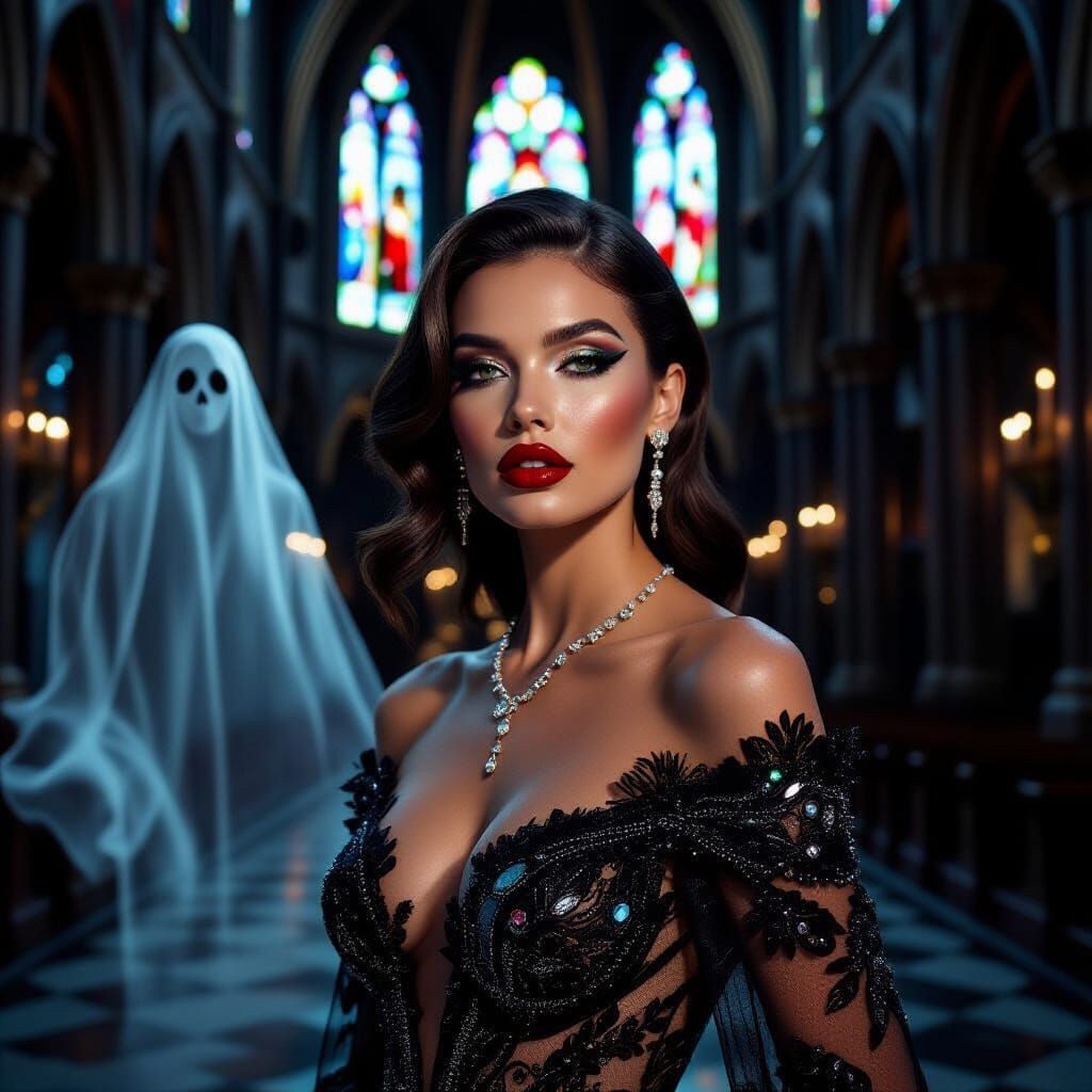 Ethereal Woman in Gothic Cathedral with Ghost