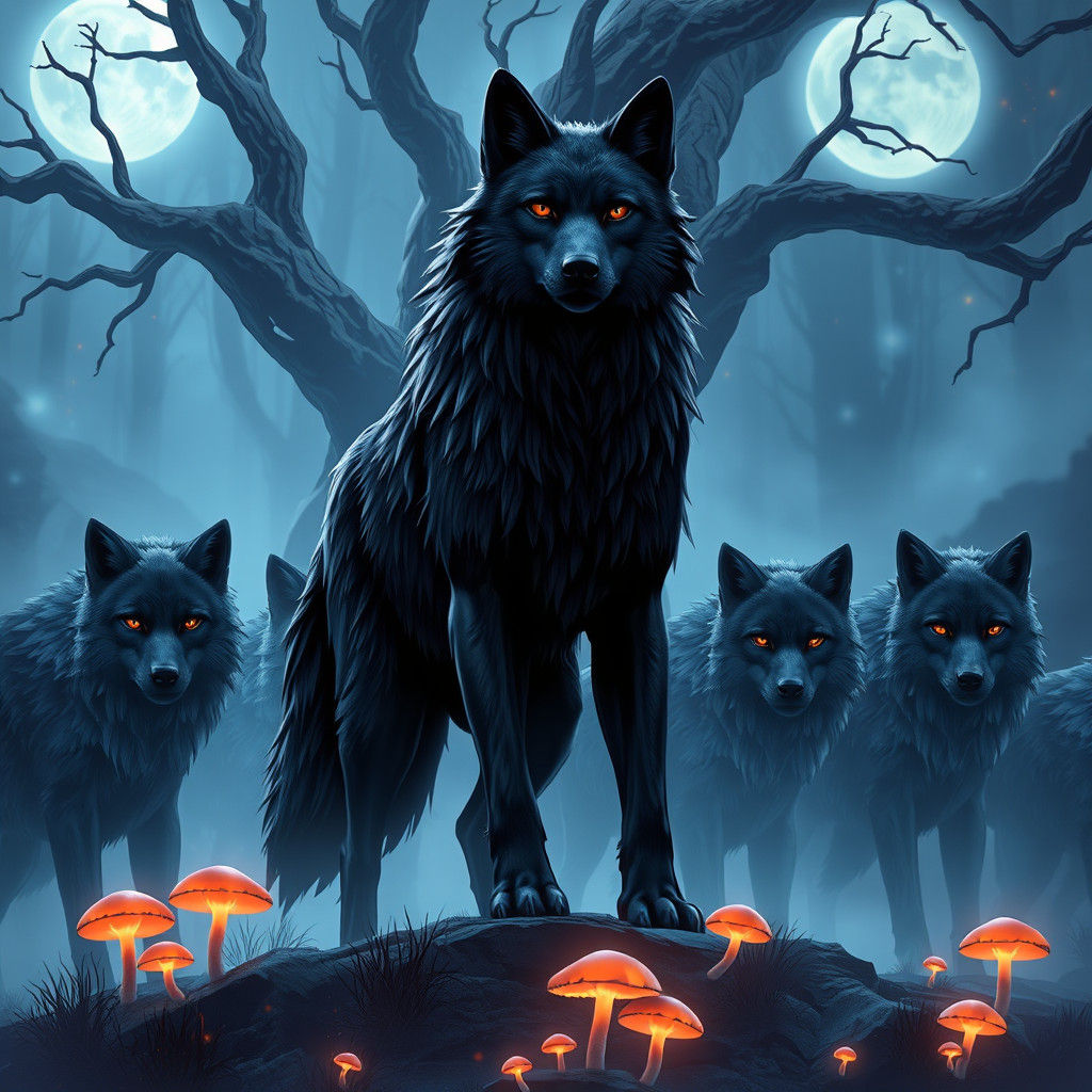 Majestic Black Wolf Pack in Moonlit Forest: 3D Anime Art