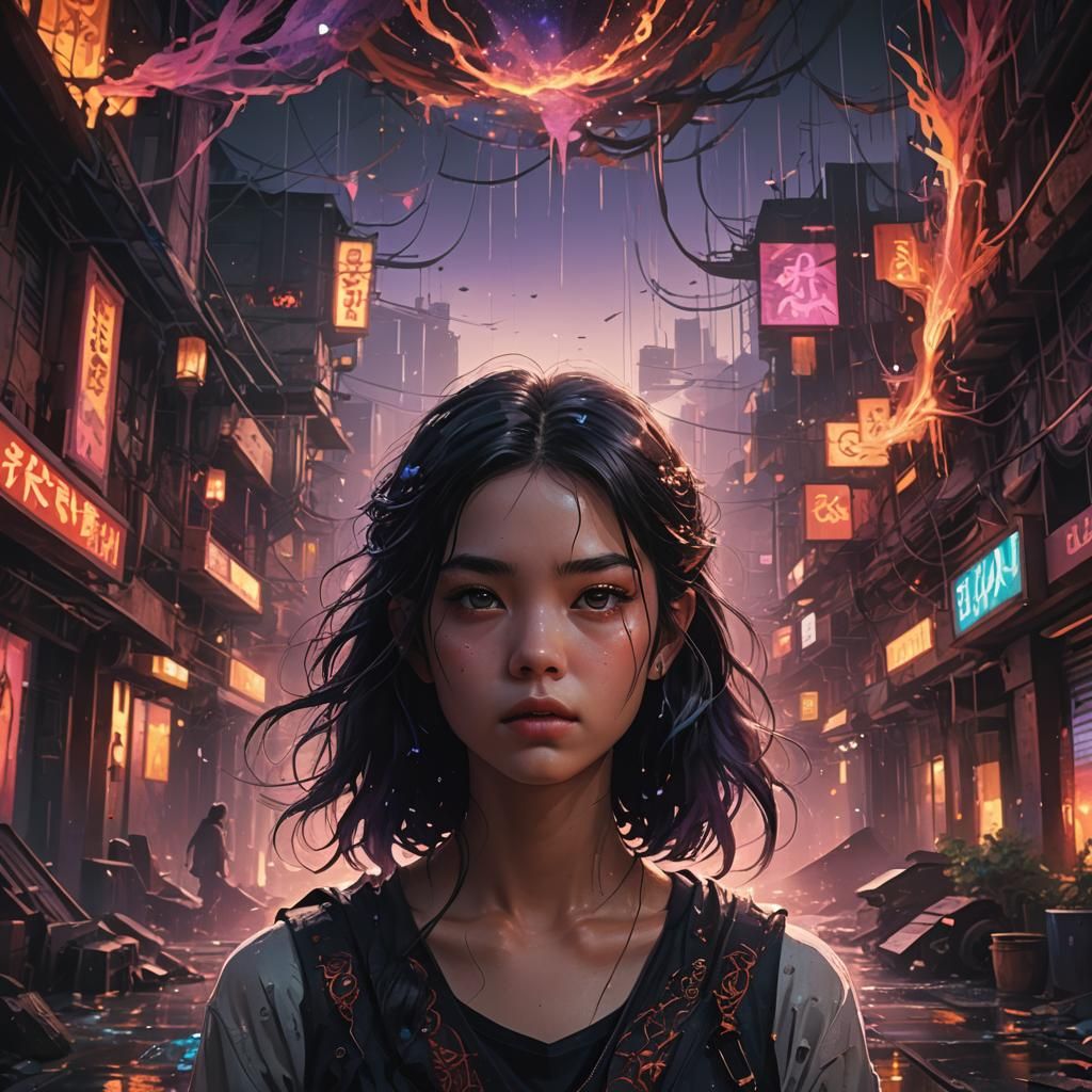 Dark-Haired Girl in Eerie Mystical Setting