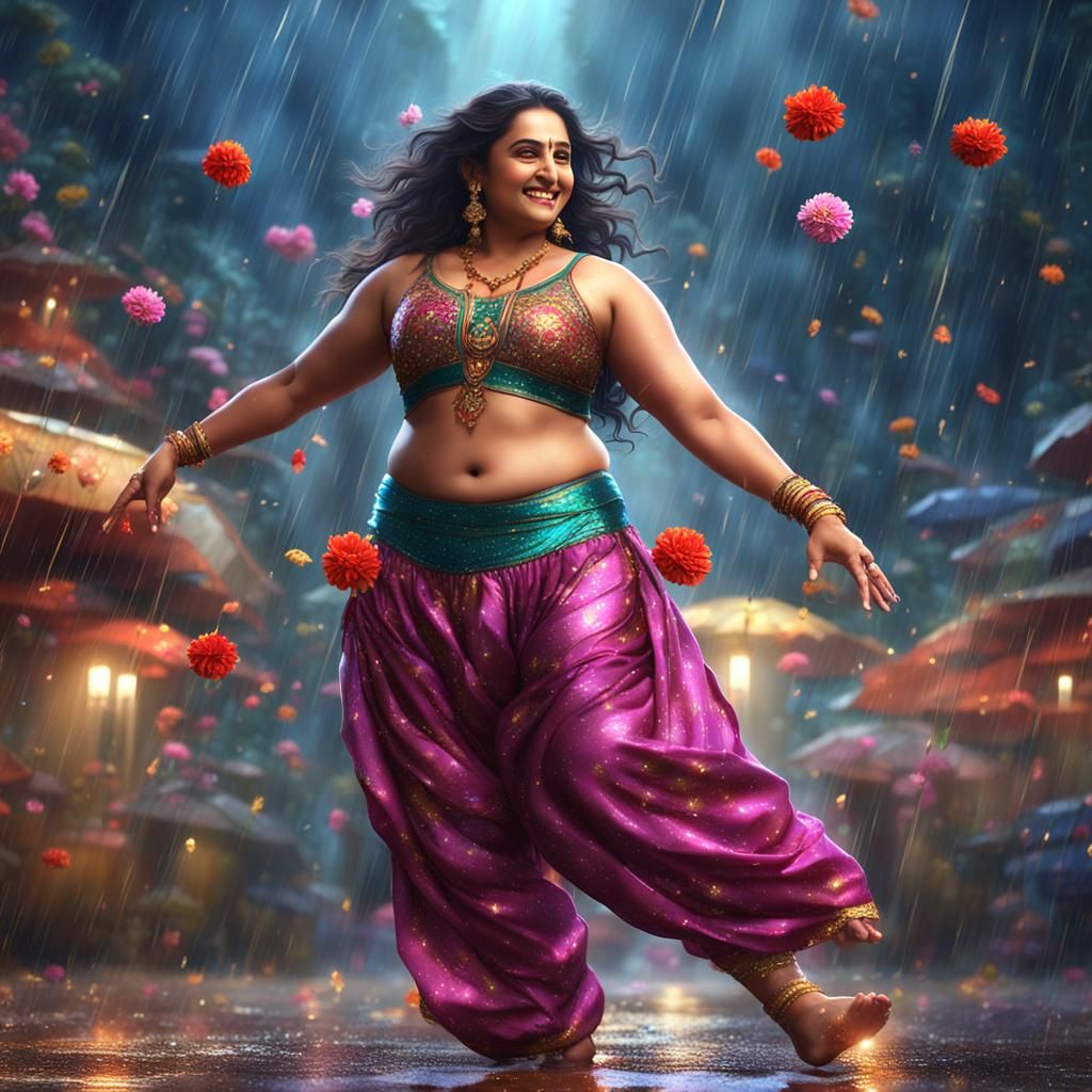 Curvy Indian Woman Dancing in Rain: Fantasy Art