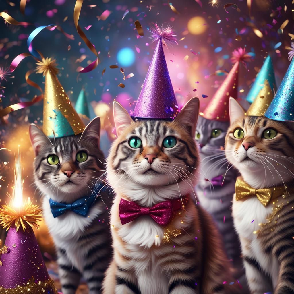 Cats Celebrate New Year's Eve with Confetti