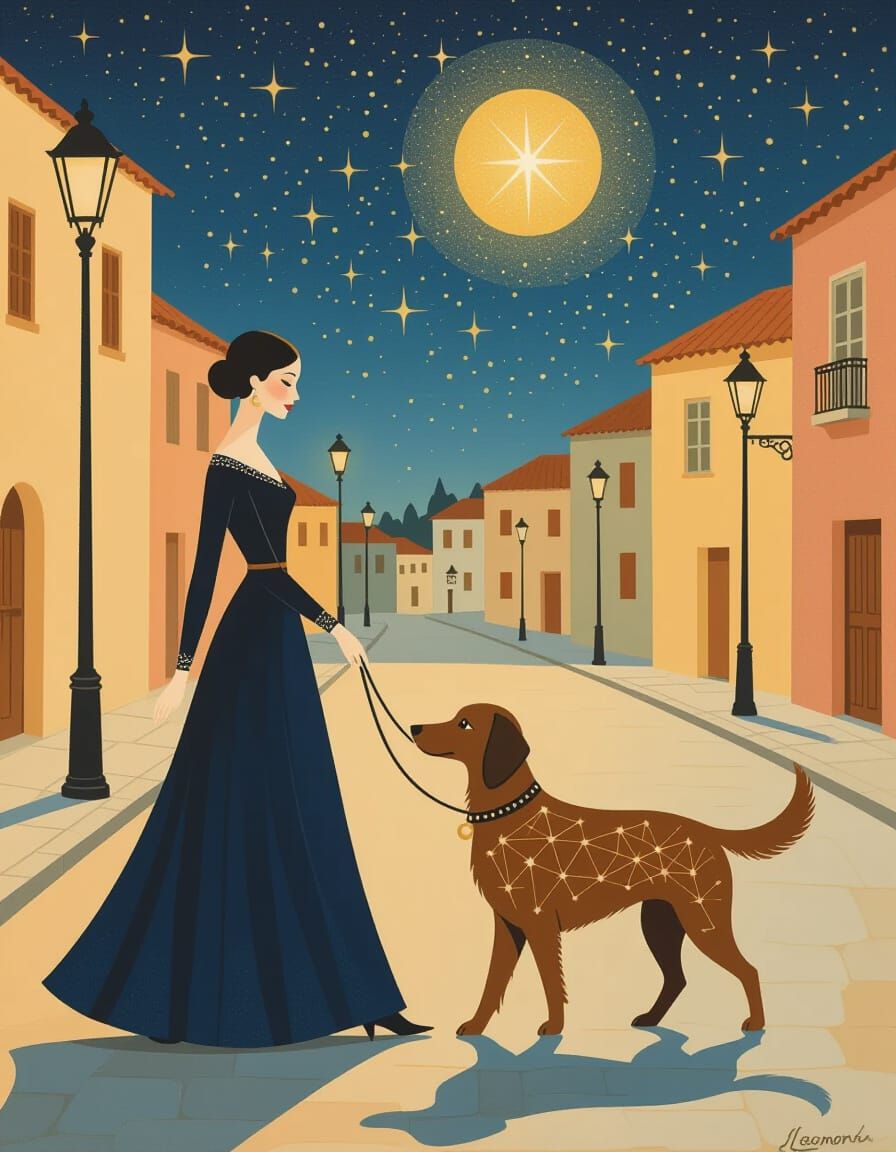Surreal Night Walk: Woman and Luminous Dog