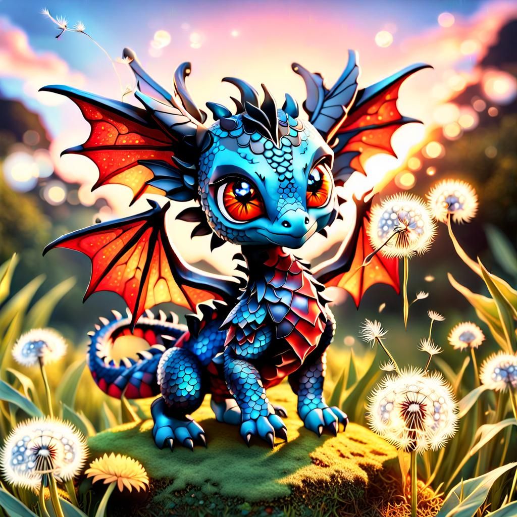 Adorable Chibi Dragon with Dandelion in Whimsy Gothic Style