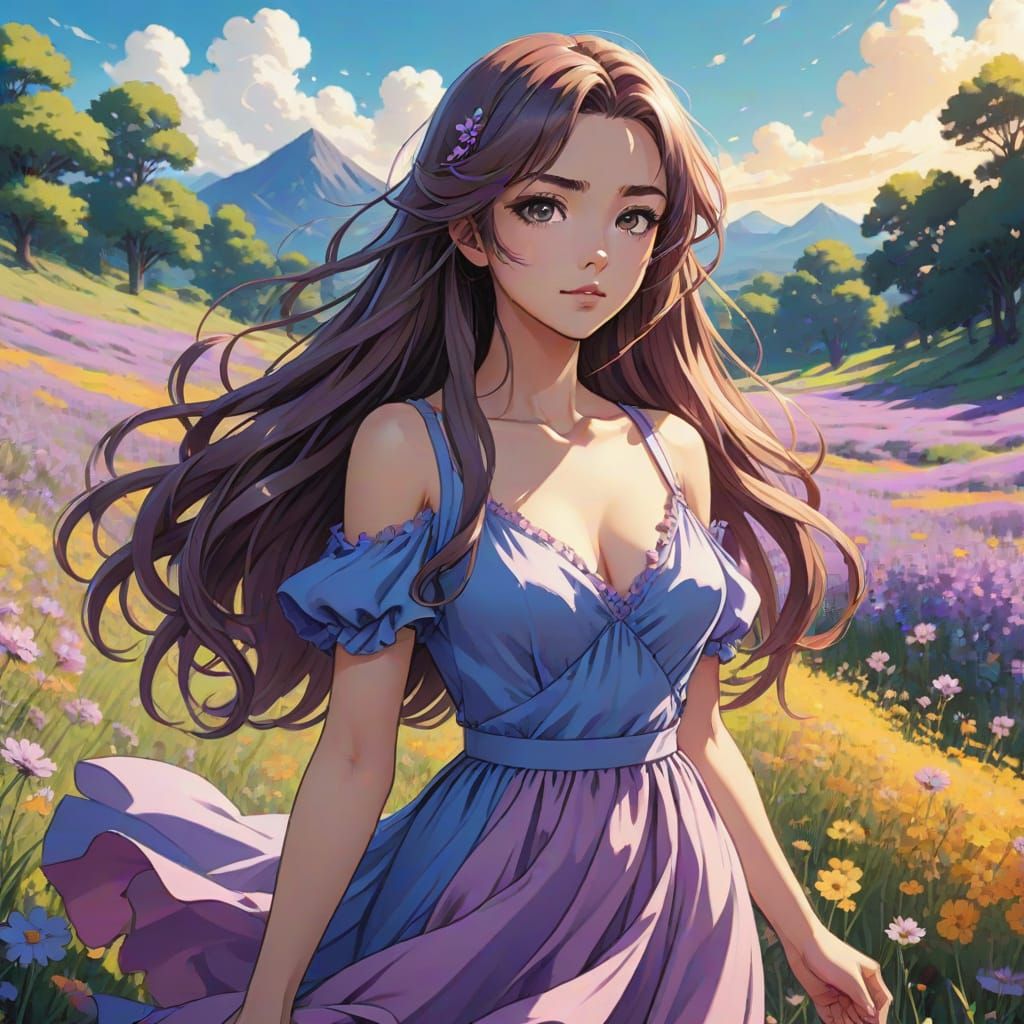 Ethereal Anime Goddess Strolls Through Vibrant Wildflower Fi...