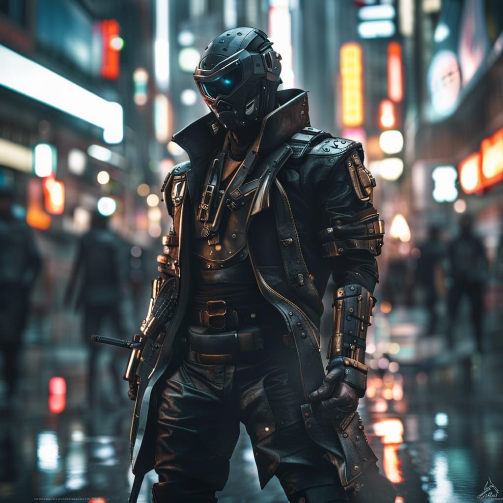 Cyberpunk Ninja Warlord in Neo-Tokyo: Action Scene
