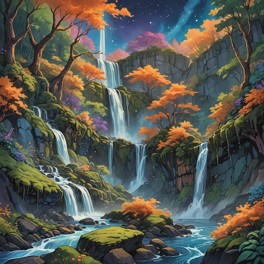 Dreamy Waterfall in Starry Night Style