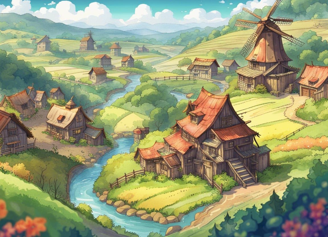 Anime Farm Village Watercolor Illustration
