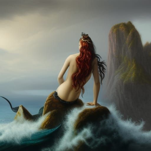 Mermaid Gazing at Sea with Pirate Ships