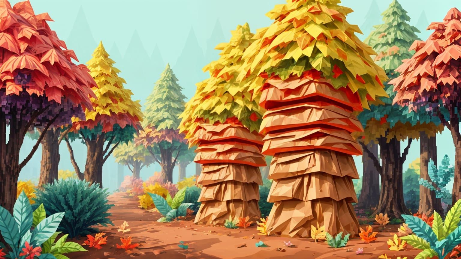 Pixel Art Forest of Paper Bag Trees