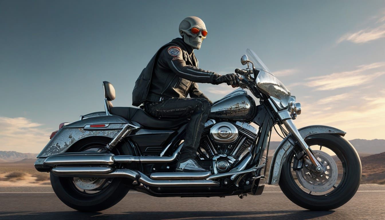 Alien Rider on Harley Davidson Nevada Highway Sunset