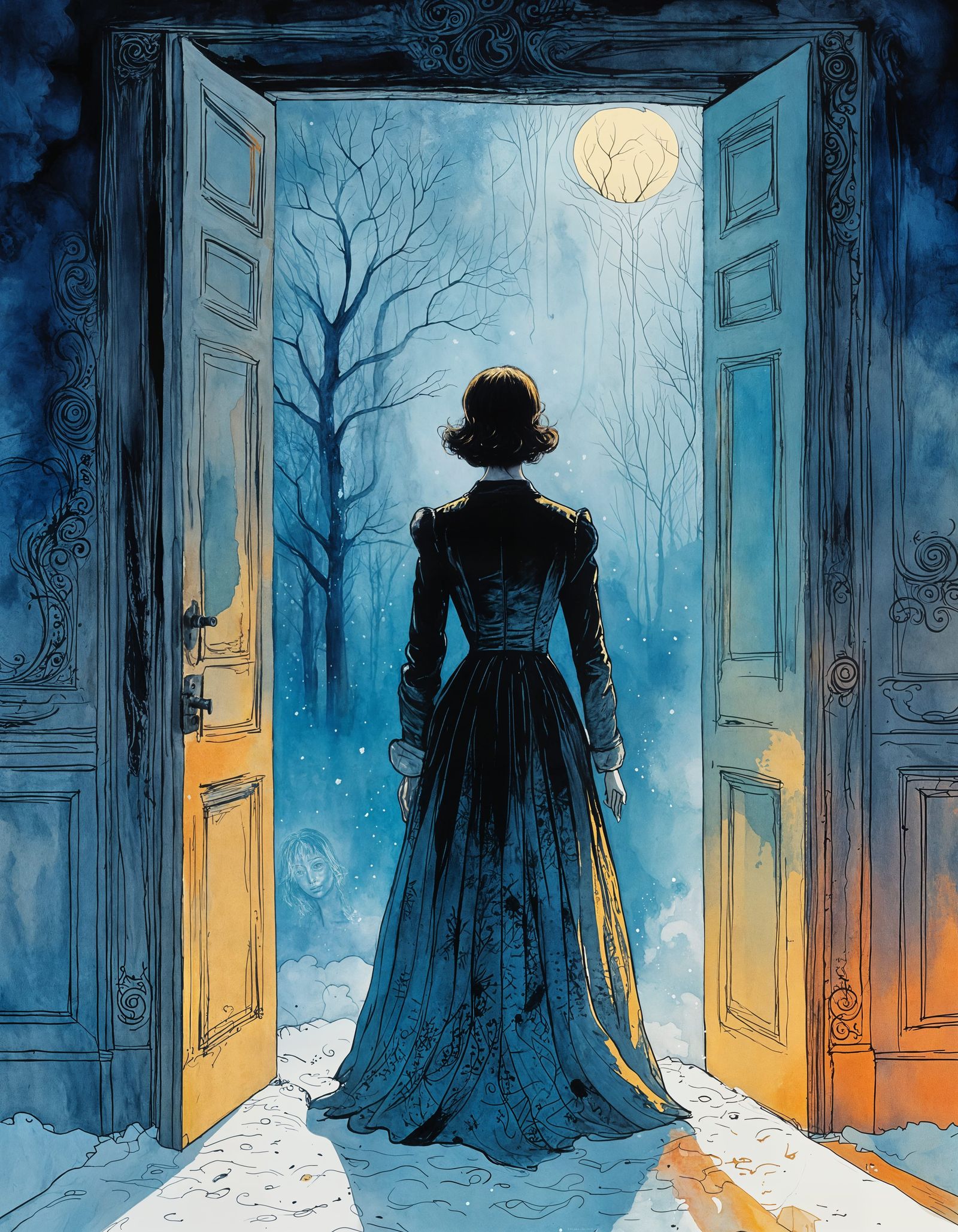 Terrified Wife at Doorway: Watercolor Book Illustration