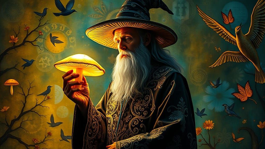 Mystical Wizard Encounters the Amanita Mushroom in Cosmic Su...