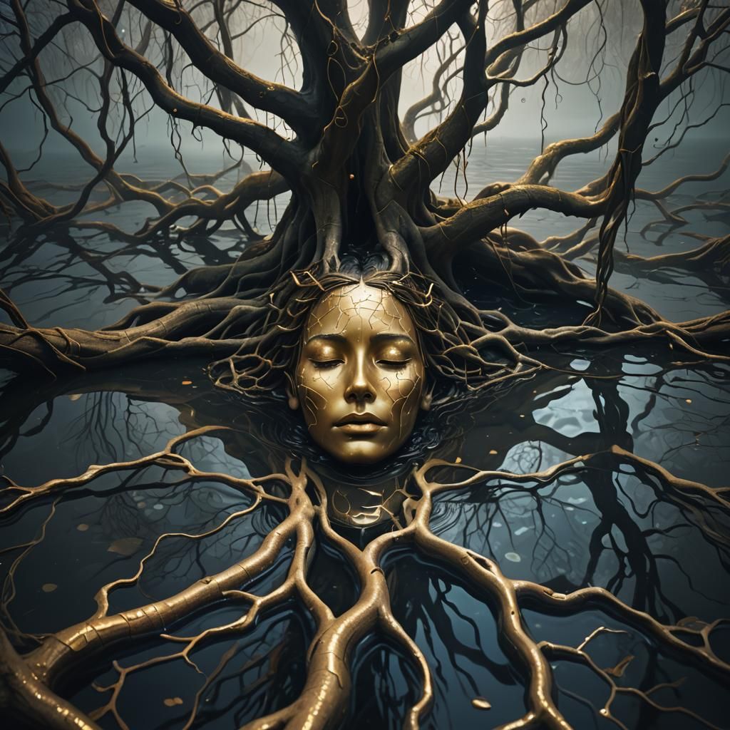 Mystical Figure in Shimmering Pool: Surreal Digital Art