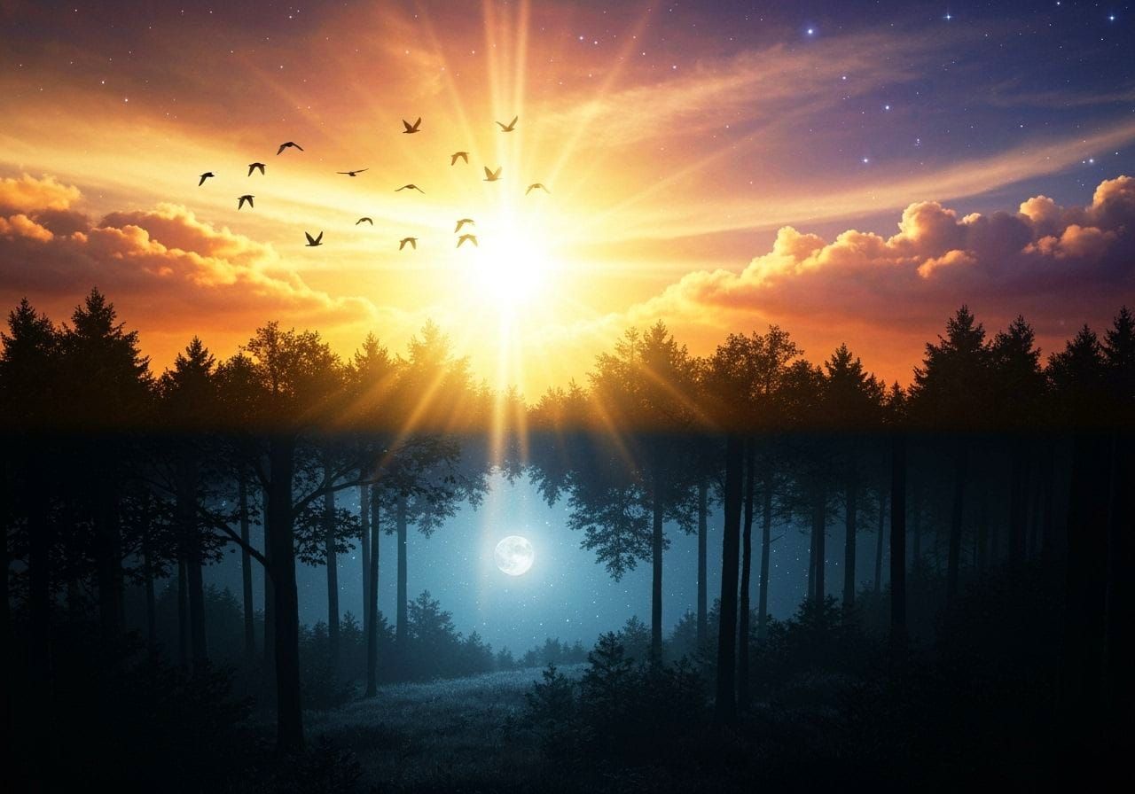 Surreal Yin and Yang Landscape with Forest and Sky