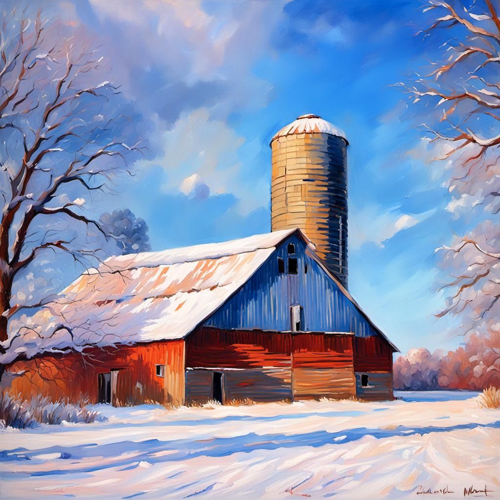 Winter Barn: An Impressionist Gouache Painting