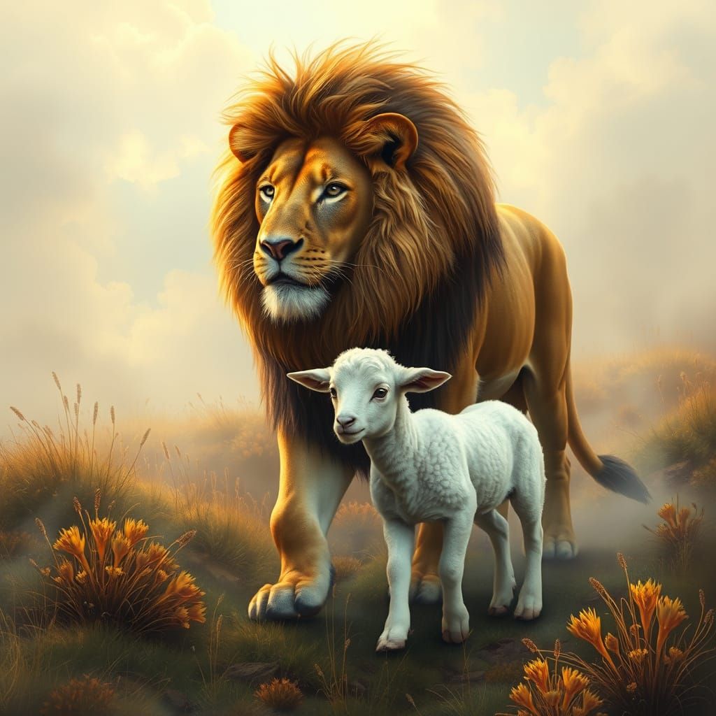Lion and Lamb Walk in Ethereal Mist
