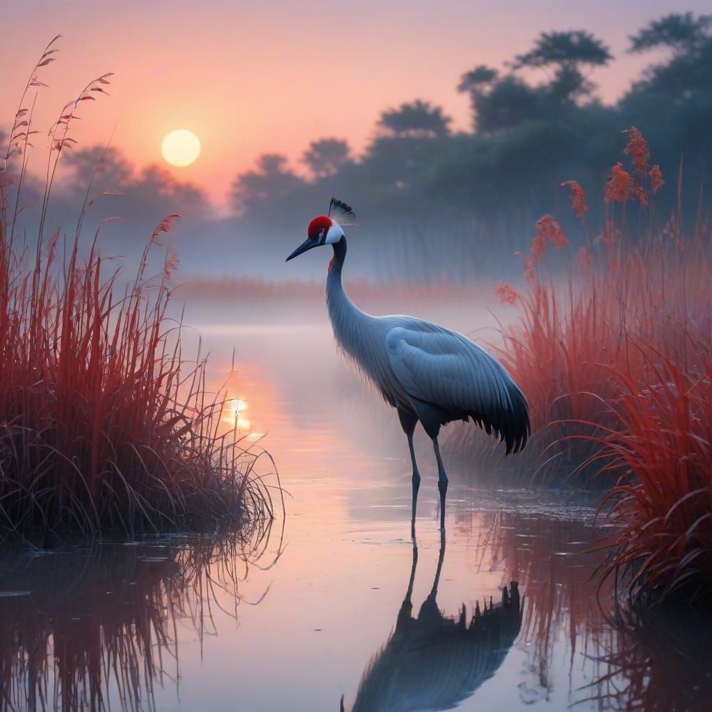 Red-Crowned Crane in Misty Twilight, Sumi Ink Style