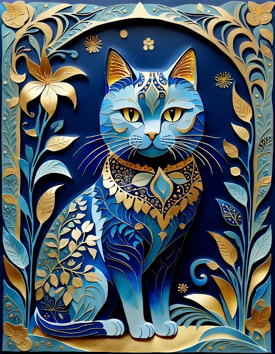 Art Nouveau Kirigami Cat with Botanical Designs
