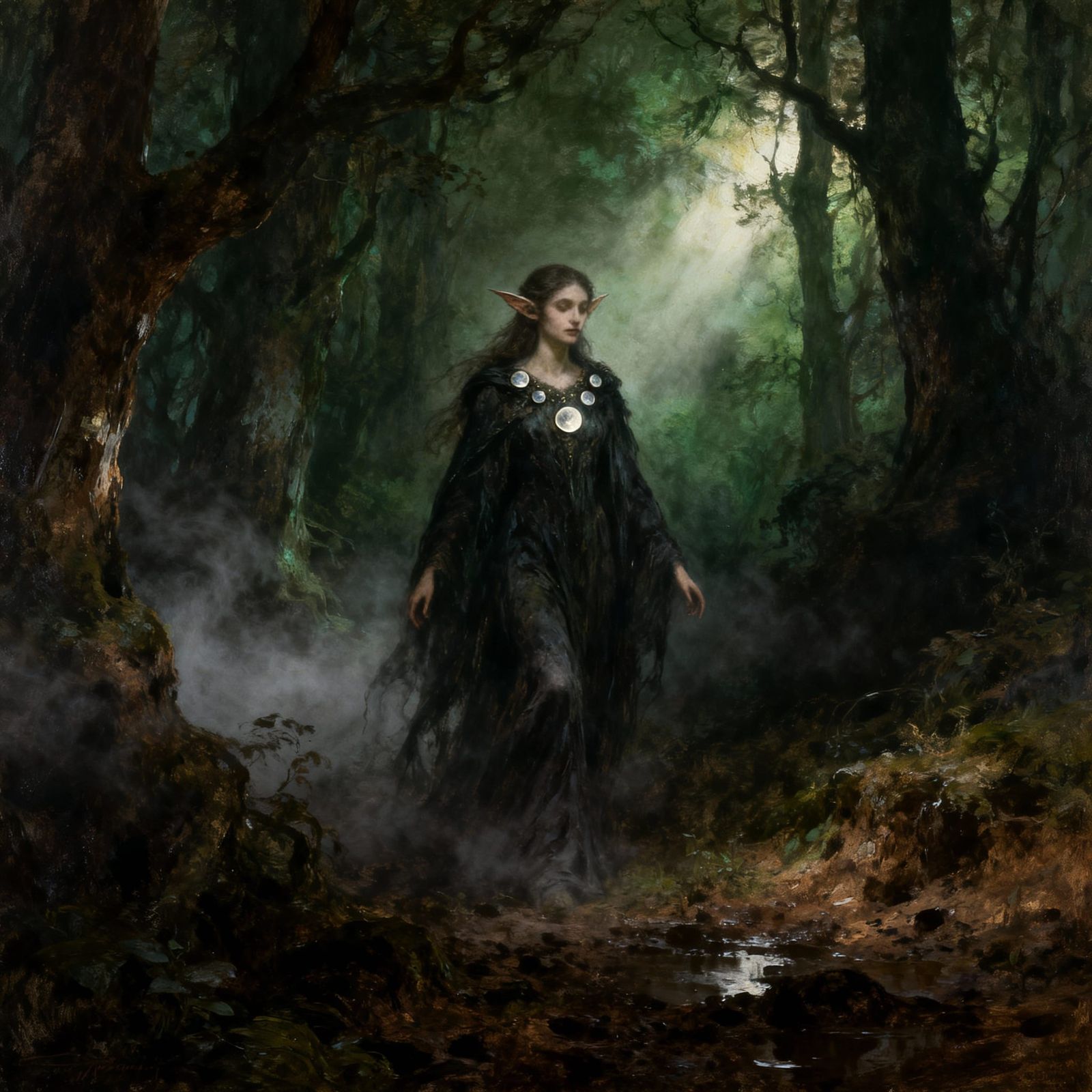 Mystical Elven Faerie in Gothic Forest Oil Painting