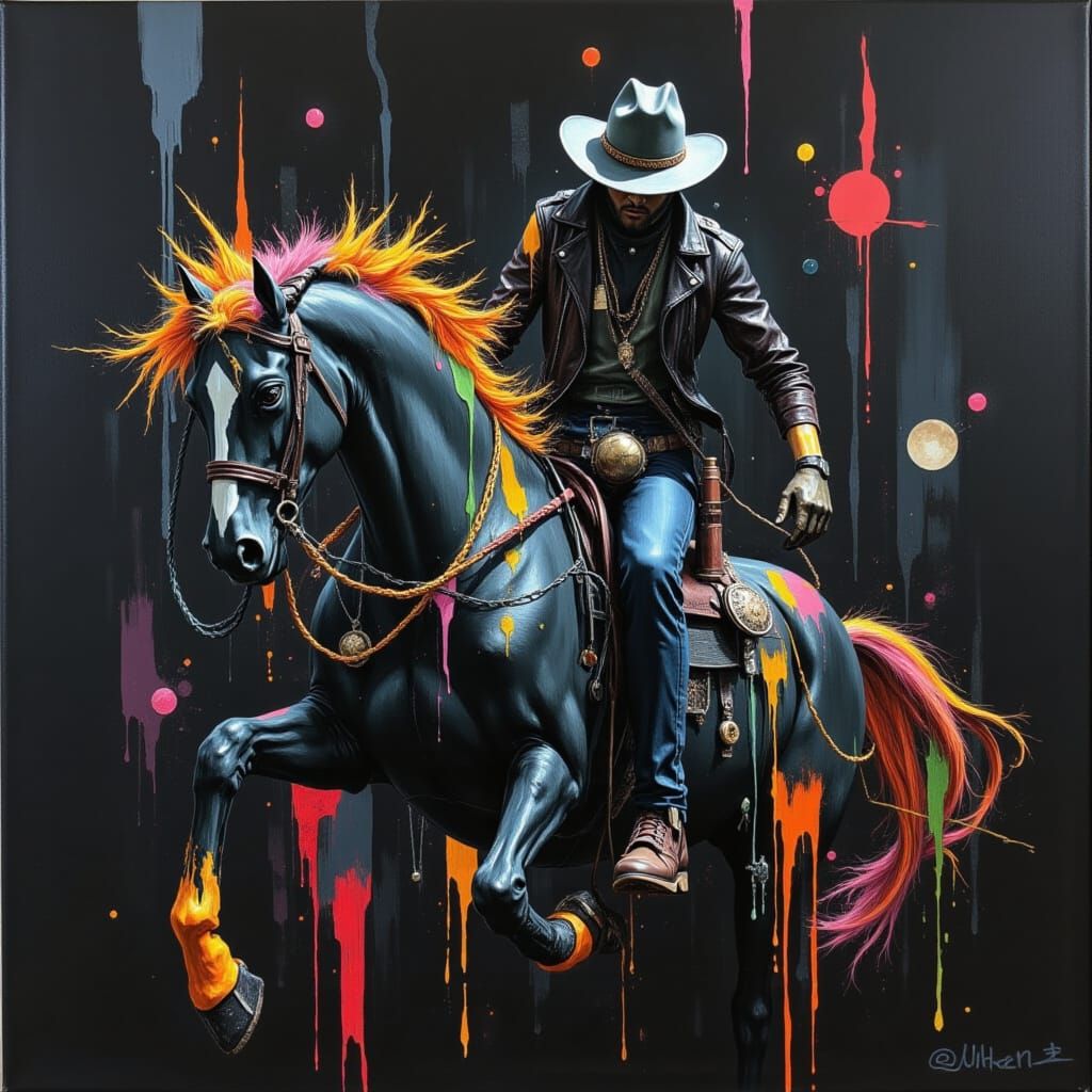 Cyberpunk Cowboy Ejected by a Rebellious Horse
