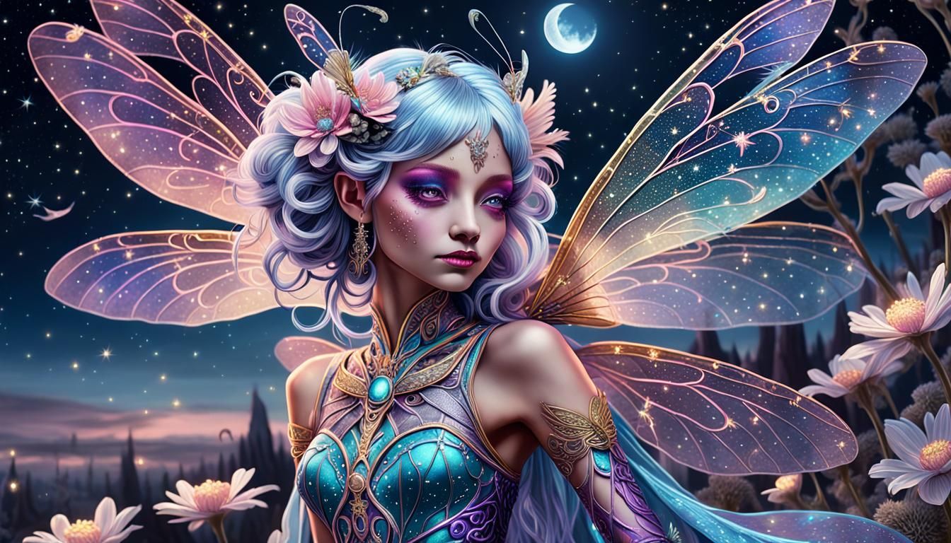 Celestial Night Dragonfly Fairy in Surreal Mixed Media Art