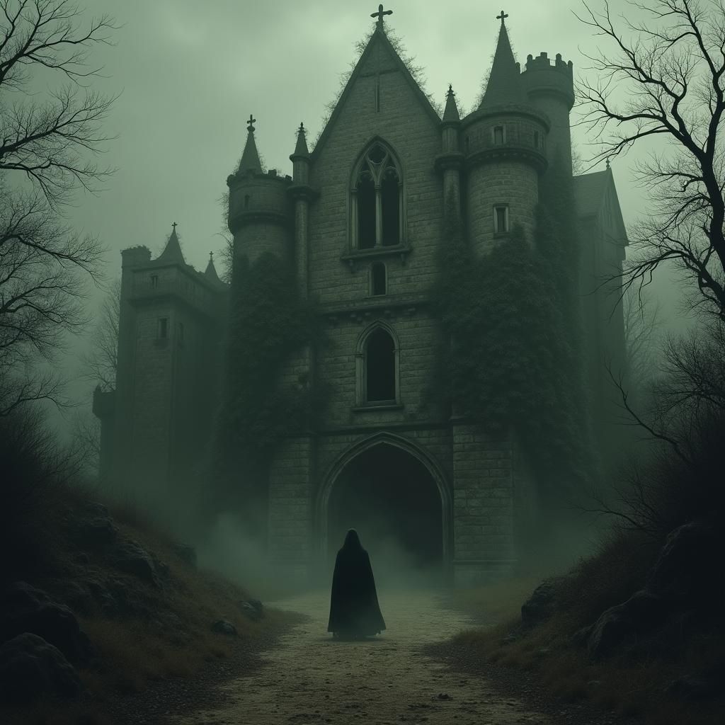 Decaying Haunted Castle with Ghostly Figure