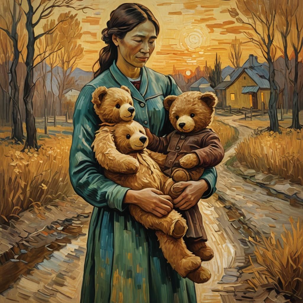 Native Woman and Daughter: Nostalgic Oil Painting