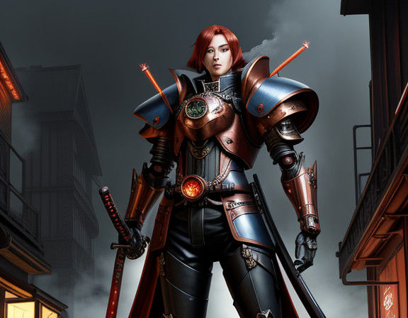 Steampunk Samurai Robot in Elegantly Fitted Kimono, Wielding...