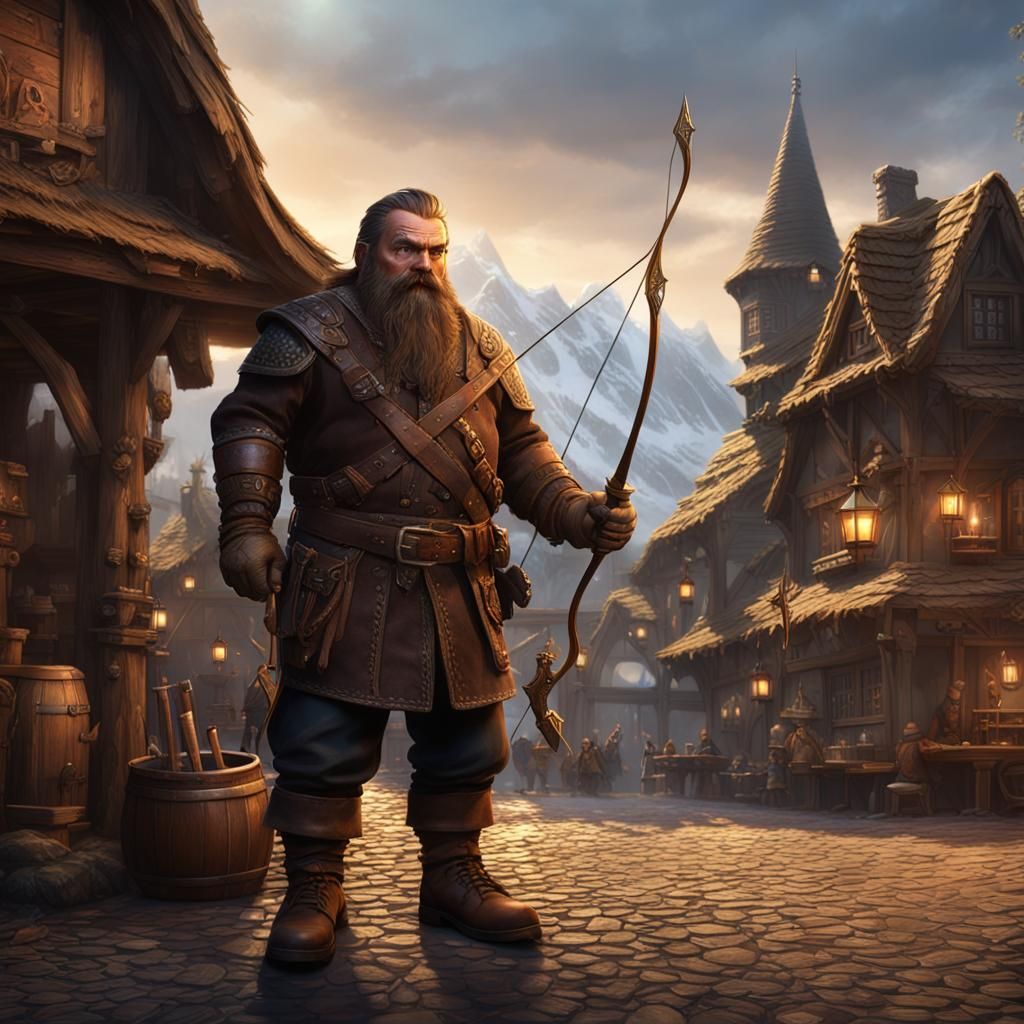 Dwarf Archer Outside Tavern: Fantasy Concept Art
